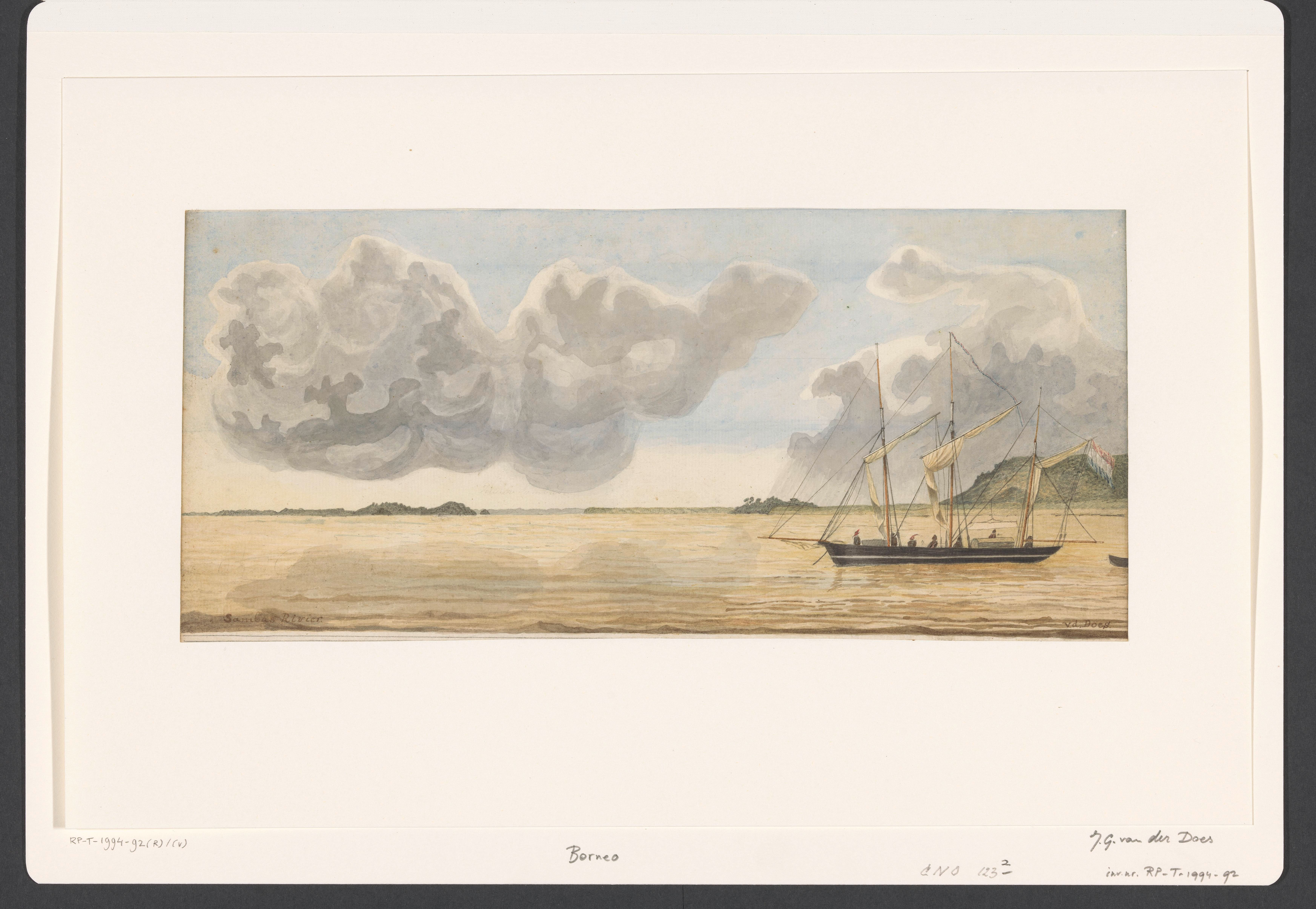 Watercolour view of the Sambas River in Borneo with sailing boats, made between 1843 and 1845